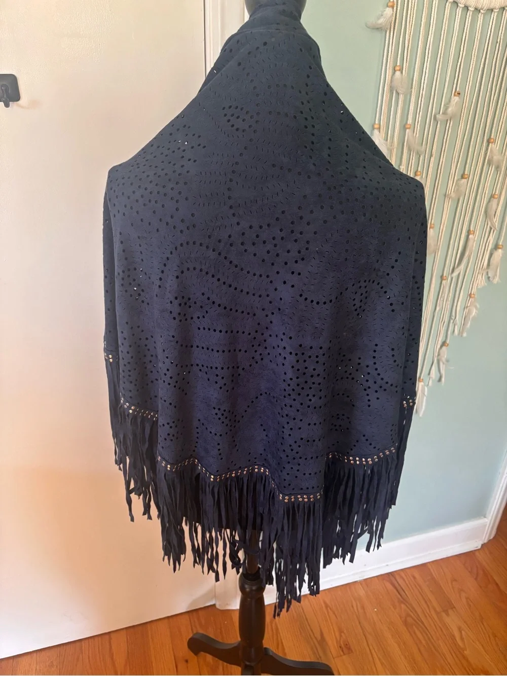 Fair Chilf Navy Blue Eyelet Fringe Shawl Wrap -